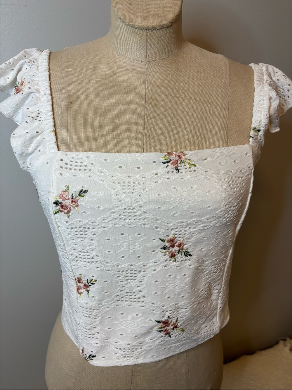 White Eyelet Floral Crop Top with Ruffled Straps